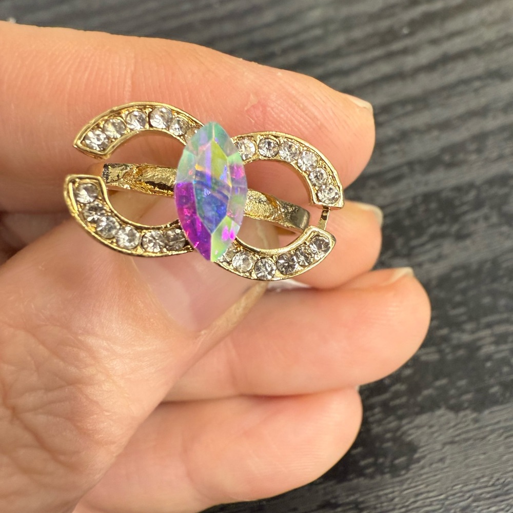 Gold and Silver Crystal Ring with Iridescent Stone